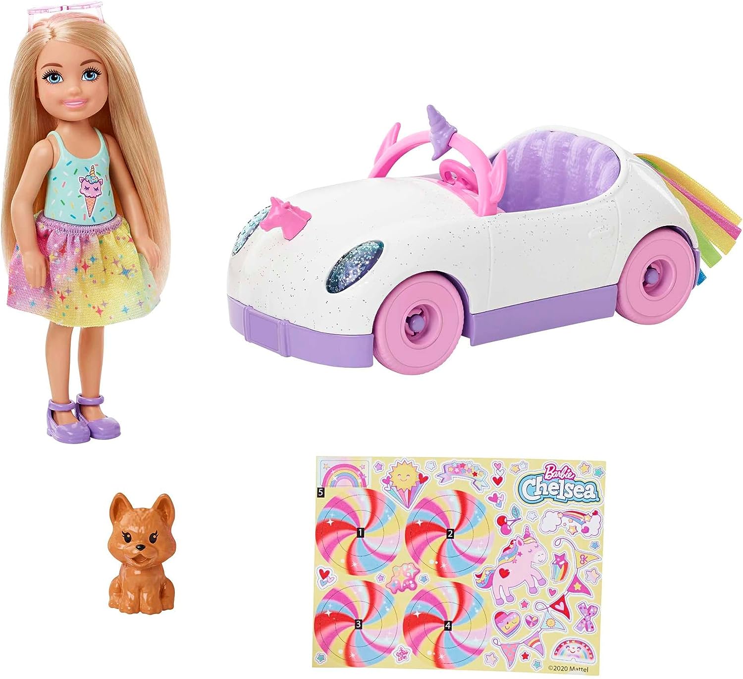 Barbie Club Chelsea Rainbow Unicorn Car & Puppy Кукла + Машина кабриолет