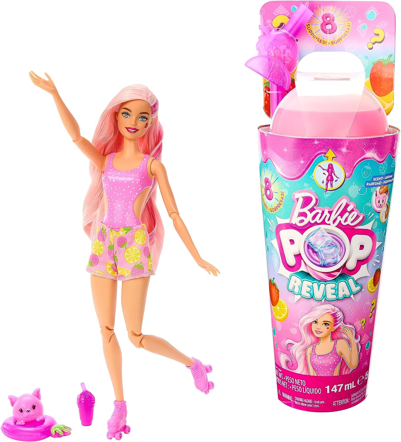 Barbie Pop Reveal Fruit Strawberry Lemonade + 8 Surprises Кукла + Стакан