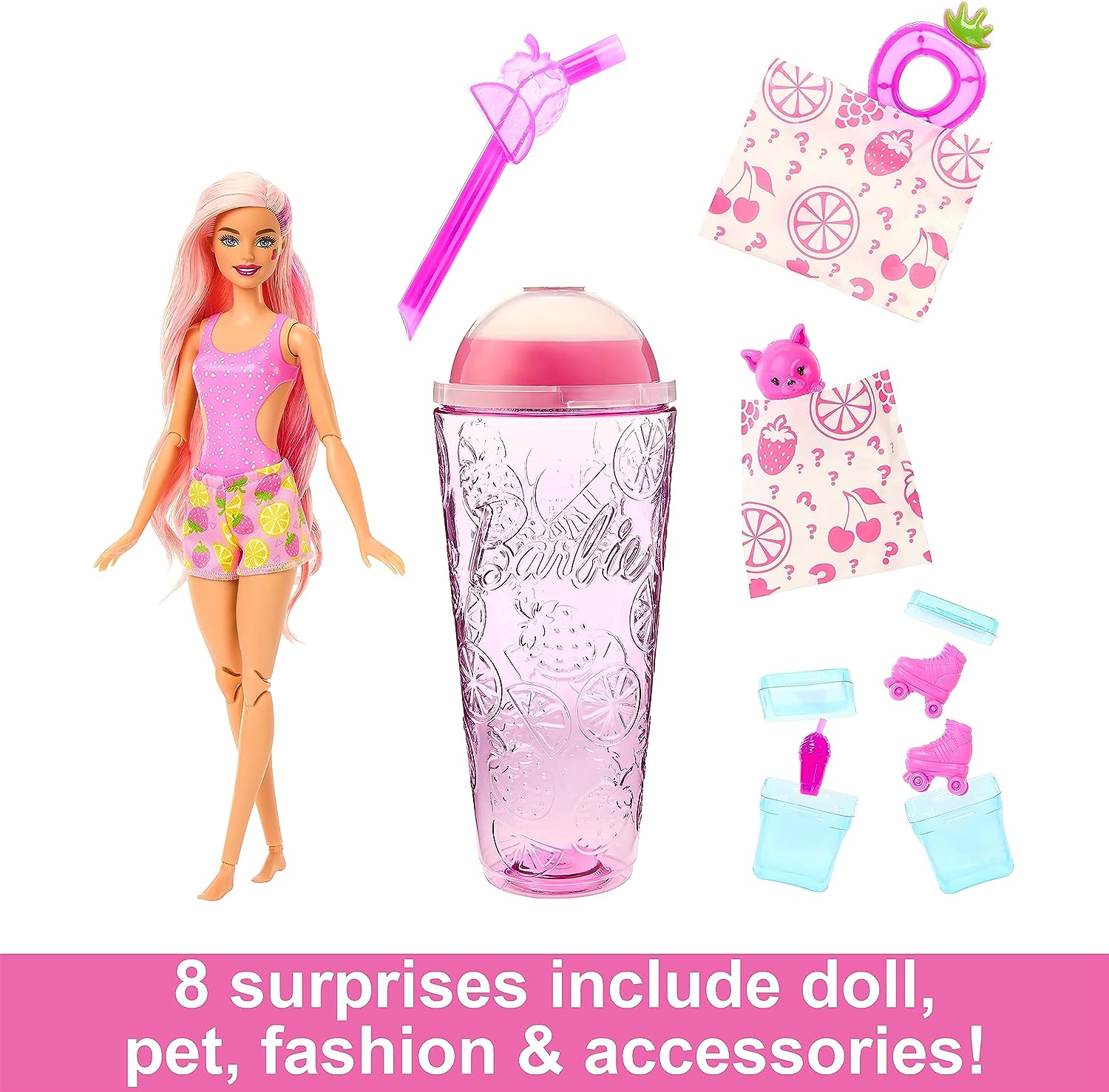 Barbie Pop Reveal Fruit Strawberry Lemonade + 8 Surprises Кукла + Стакан