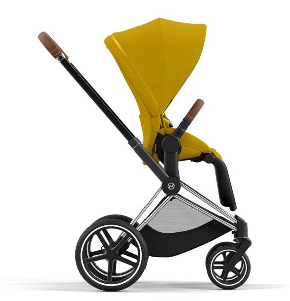 Cybex e-Priam Mustard Yellow Chrome brown frame Pastaigu rati