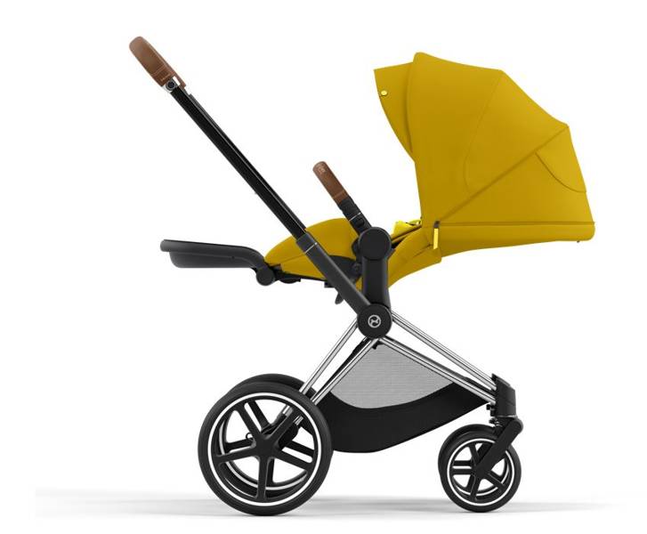 Cybex e-Priam Mustard Yellow Chrome brown frame Pastaigu rati