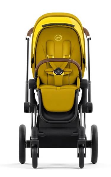 Cybex e-Priam Mustard Yellow Chrome brown frame Pastaigu rati