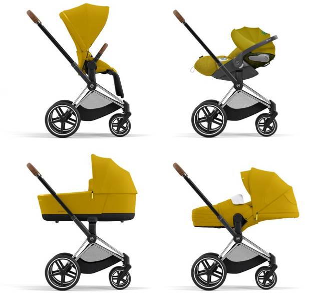 Cybex e-Priam Mustard Yellow Chrome brown frame Pastaigu rati