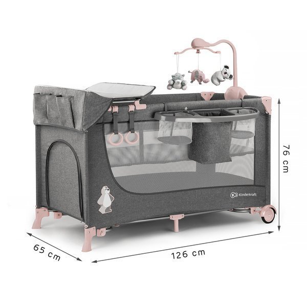 KinderKraft Joy Pink Кроватка-манеж для путешествий 2-в-1 2 уровня + аксессуары