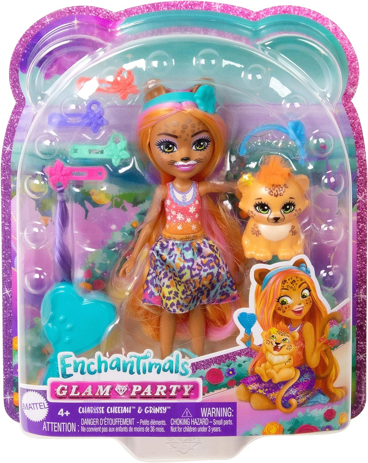 Mattel Enchantimals Glam Party Charisse Cheetah Grinsy HNV30 + 5 Accessories HNV28 Кукла с животными