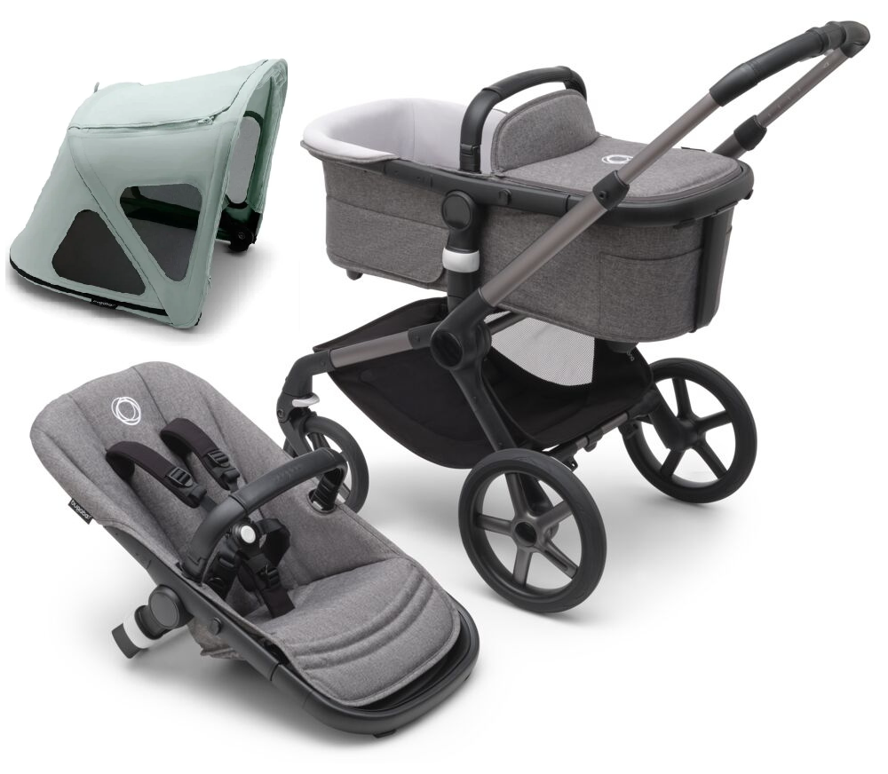 Bugaboo Fox 5 Grey Melange Bērnu rati 2in1 Grafīta rāmis + Jumts Breezy Pine Green