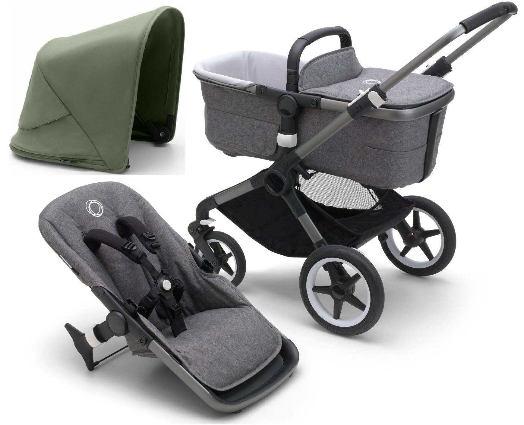 Bugaboo Fox 5 Grey Melange Bērnu rati 2in1 Grafīta rāmis + Jumts Forest Green