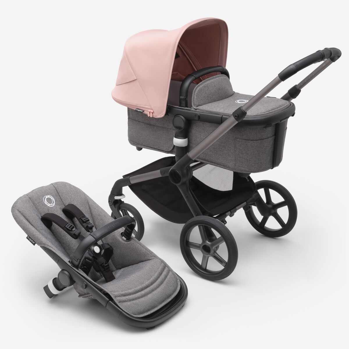 Bugaboo Fox 5 Grey Melange Bērnu rati 2in1 Grafīta rāmis + Jumts Morning Pink