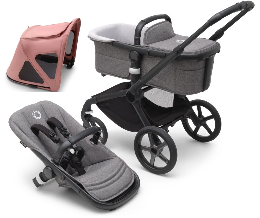 Bugaboo Fox 5 Grey Melange Bērnu rati 2in1 Melns rāmis + Jumts Breezy Morning Pink