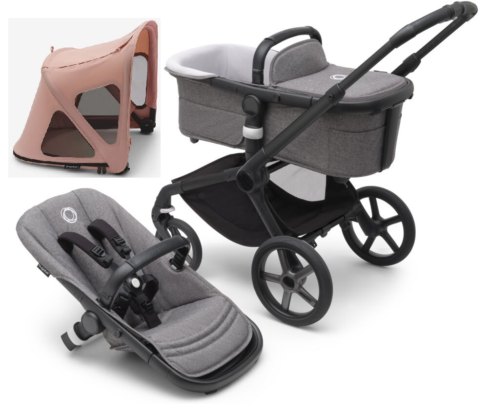 Bugaboo Fox 5 Grey Melange Bērnu rati 2in1 Melns rāmis + Jumts Breezy Sandy Pink