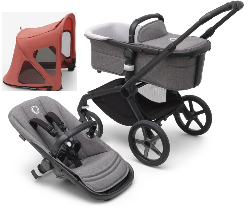 Bugaboo Fox 5 Grey Melange Bērnu rati 2in1 Melns rāmis + Jumts Breezy Sunrise Red