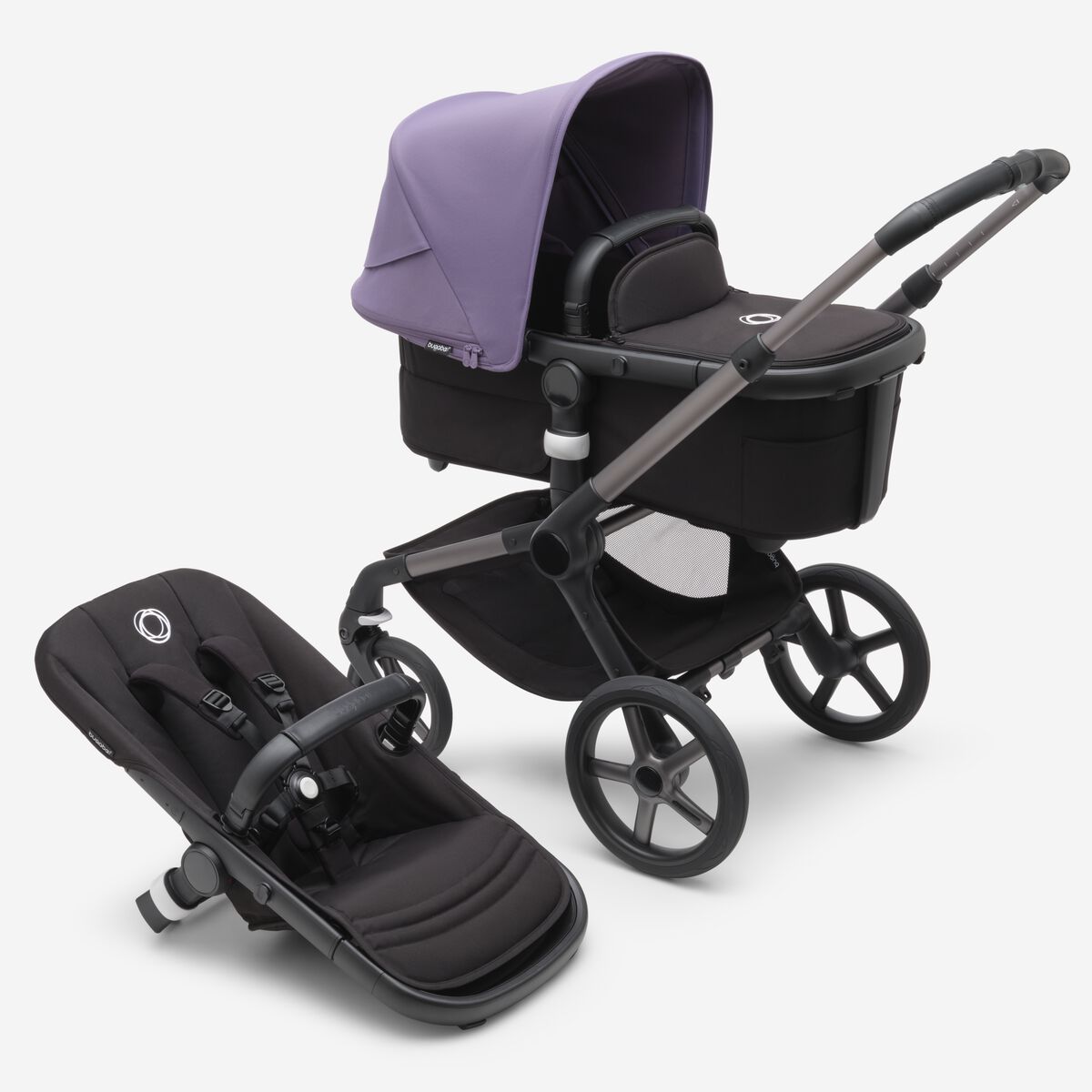 Bugaboo Fox 5 Midnight black Bērnu rati 2in1 Grafīta rāmis + Jumts Astro Purple