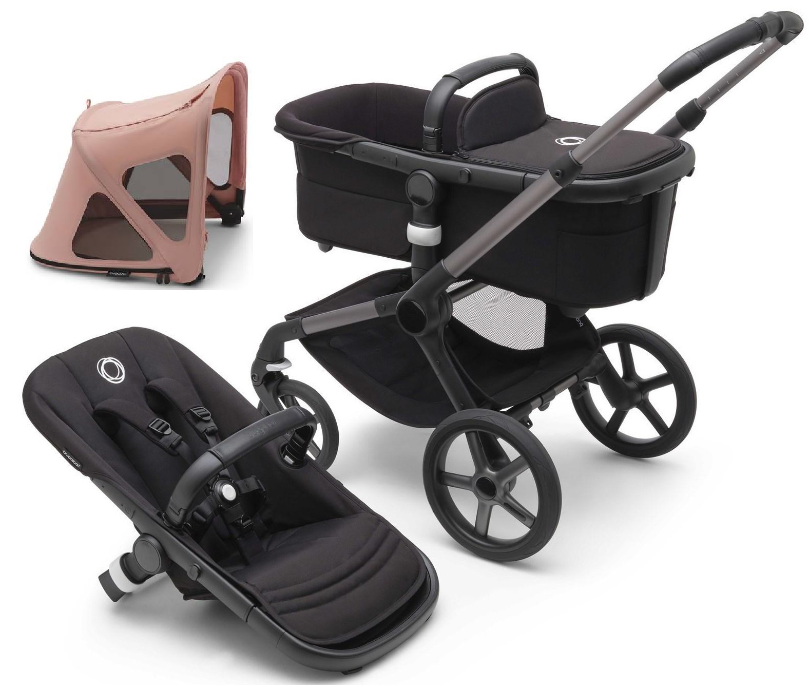 Bugaboo Fox 5 Midnight black Bērnu rati 2in1 Grafīta rāmis + Jumts Breezy V2 Sandy Pink