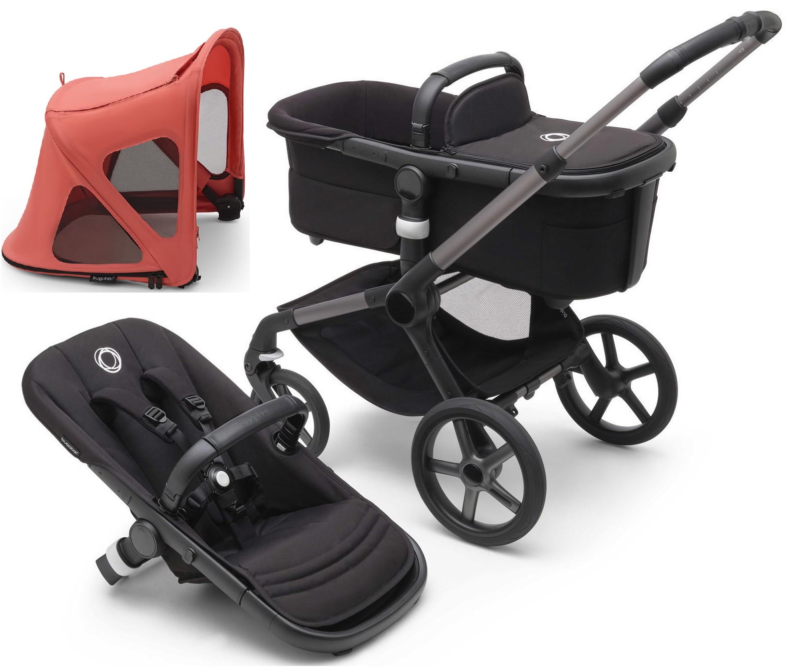 Bugaboo Fox 5 Midnight black Bērnu rati 2in1 Grafīta rāmis + Jumts Breezy V2 Sunrise Red