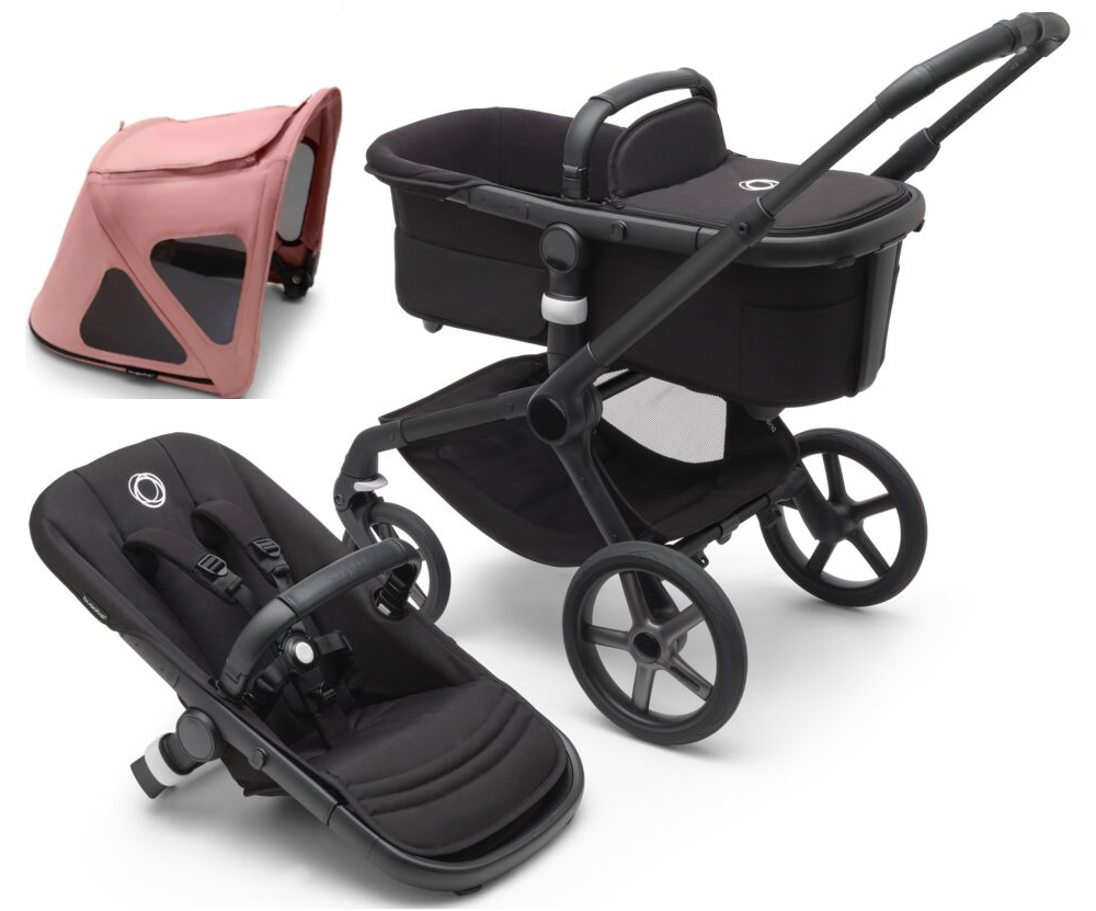 Bugaboo Fox 5 Midnight black Bērnu rati 2in1 Melns rāmis + Jumts Breezy Morning Pink