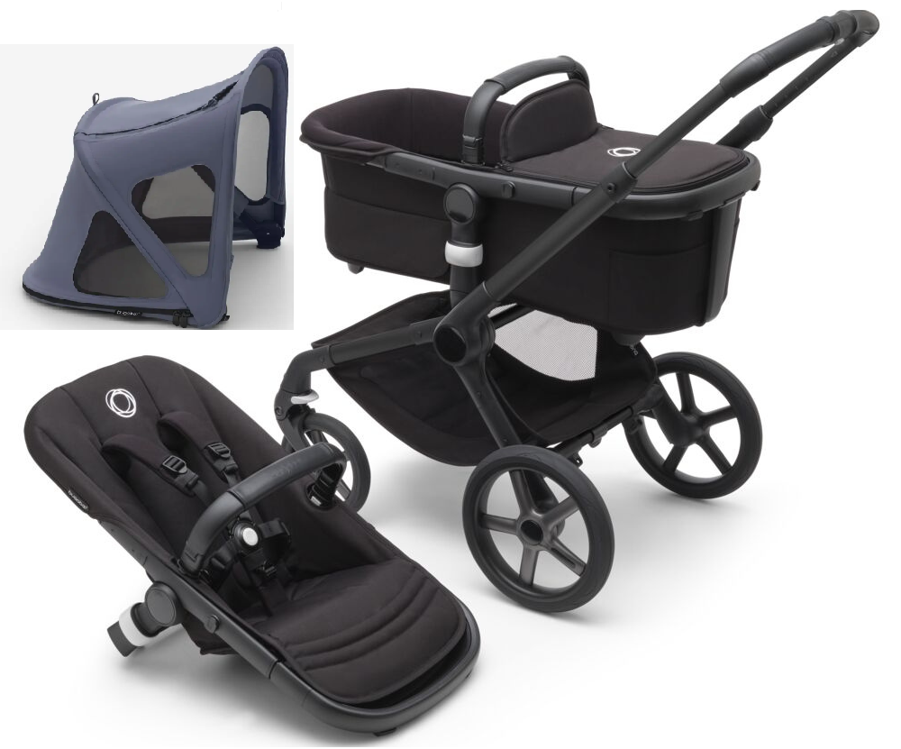 Bugaboo Fox 5 Midnight black Bērnu rati 2in1 Melns rāmis + Jumts Breezy Seaside Blue