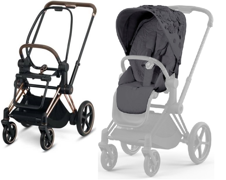 Cybex e-Priam Dream Grey Simply Flowers Rosegold frame Pastaigu rati