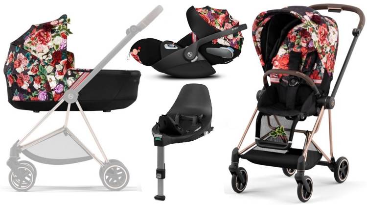 Cybex Mios 3.0 Spring Blossom Dark + Cloud Z I-Size + Rose gold frame Bērnu rati 4in1