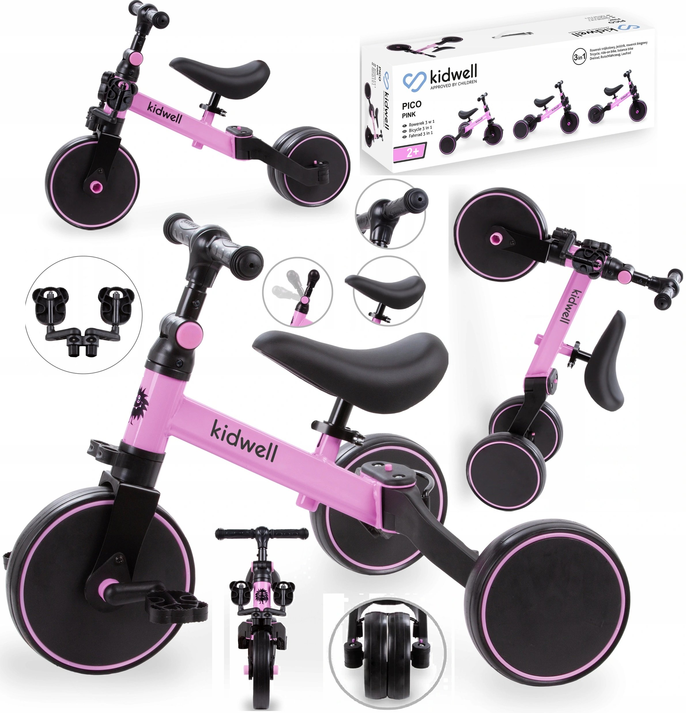 Kidwell Pico Pink Bērnu velosipēds Skrejritenis Trīsritenis Divritenis 3in1