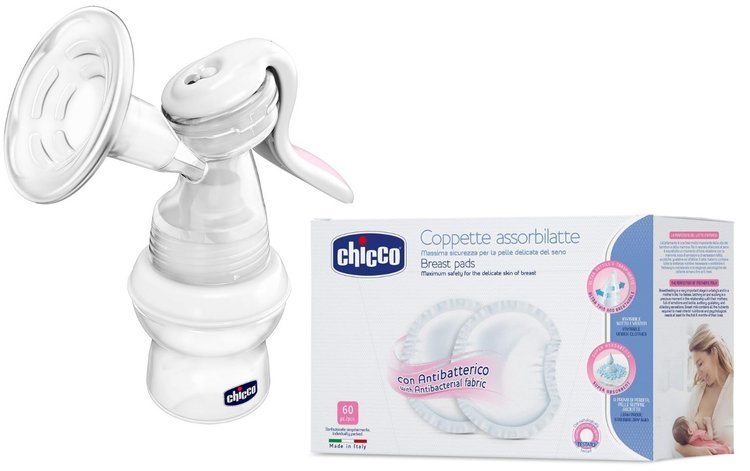 Manuālais piena pumpis Chicco Natural Feeling + krūšturu ieliktņi 60 gab.