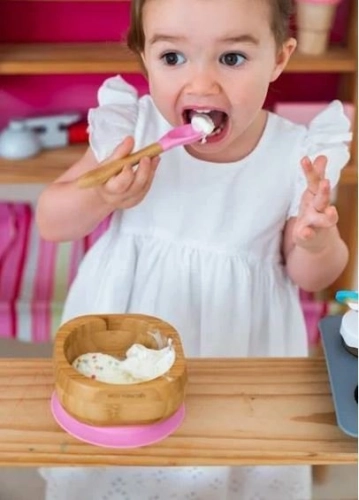 Bērnu Bambusa bļoda ar piesūcekni + karote Eco Rascals pink