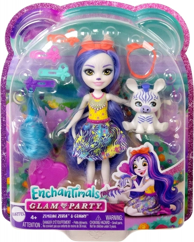 Mattel Enchantimals Glam Party Zemirah Zebra Grainy HNV28 + 5 Accessories Lelle ar dzīvnieku