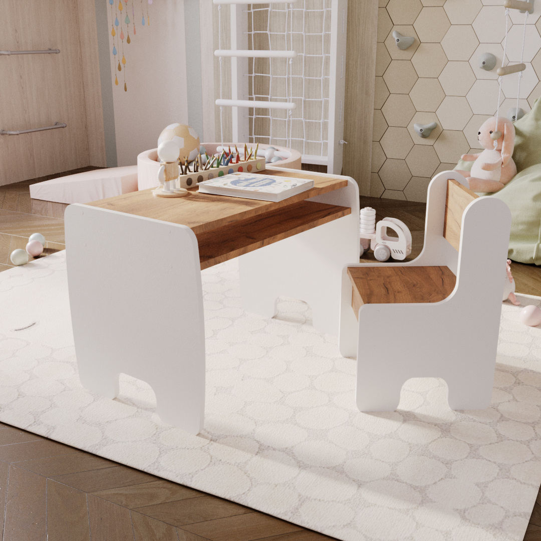 Children's table + chair set - white/oak craft gold colour