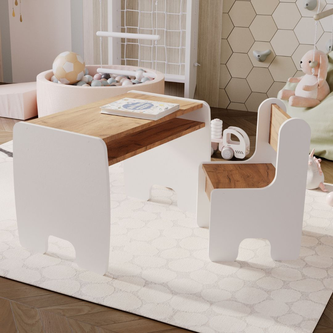 Children's table + chair set - white/oak craft gold colour