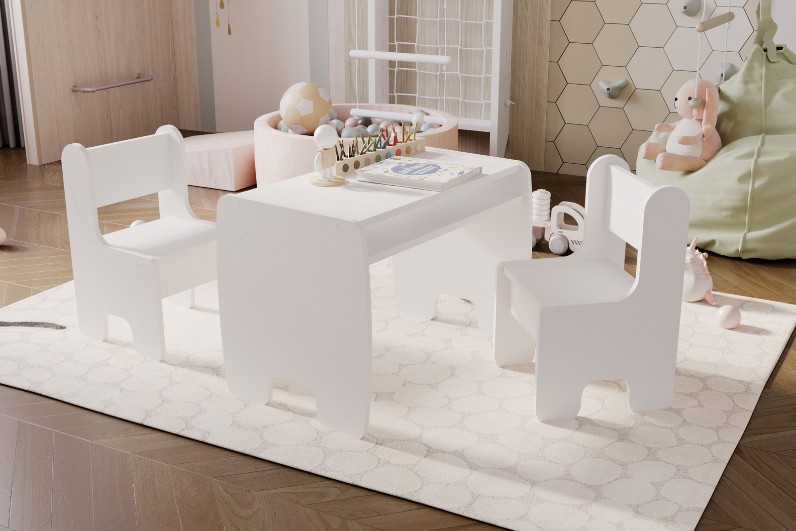 Set of children's table and two children's chairs - white