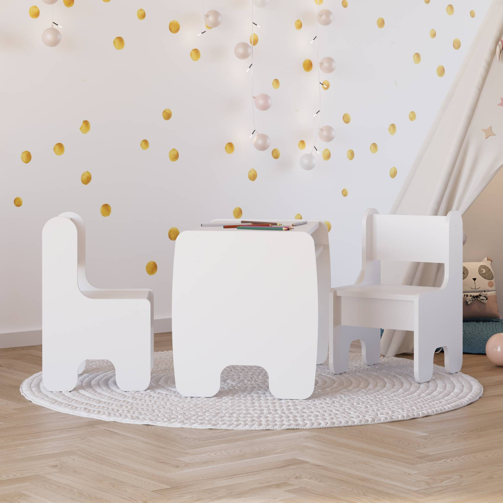 Set of children's table and two children's chairs - white