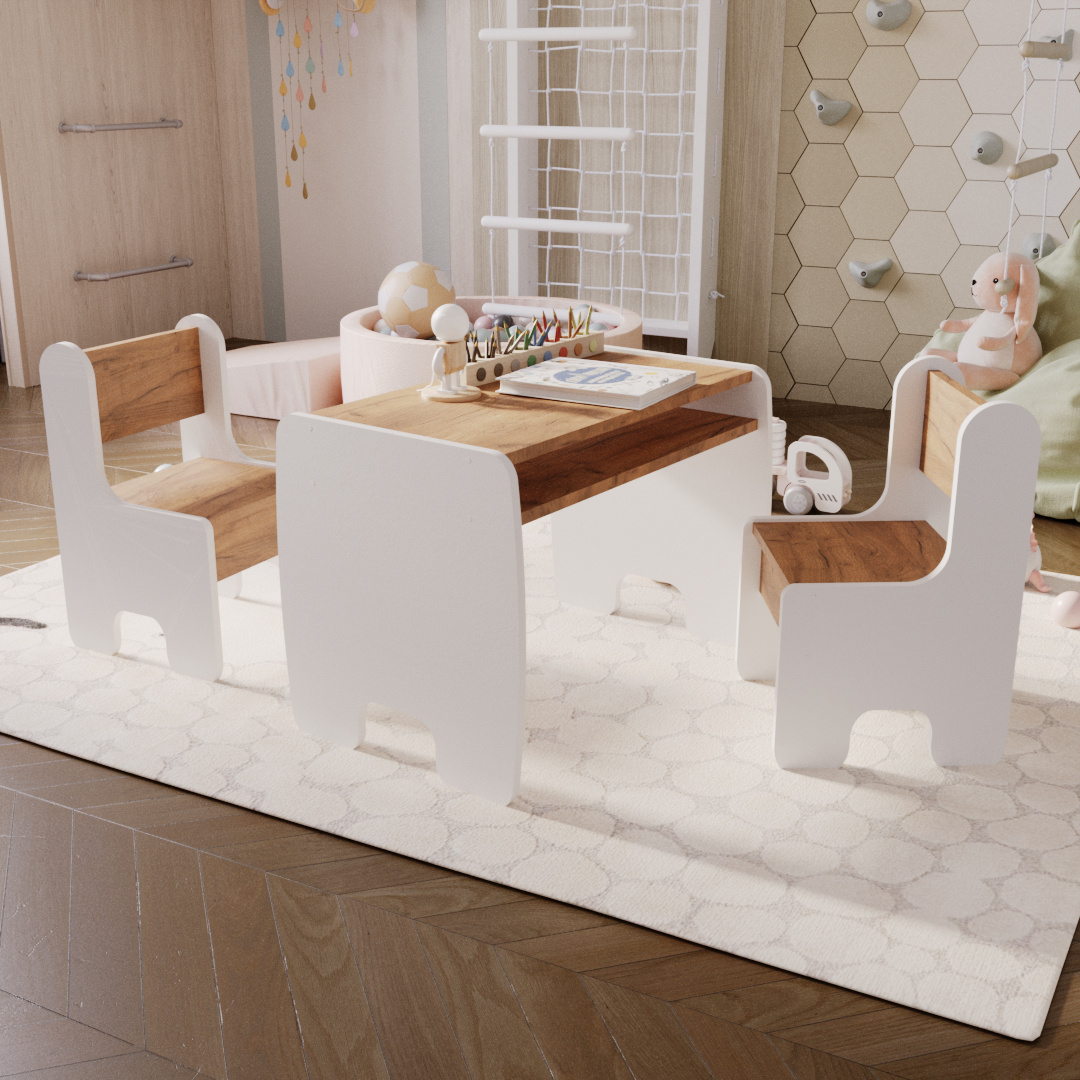 Set of children's table and two children's chairs - white/oak craft gold colour