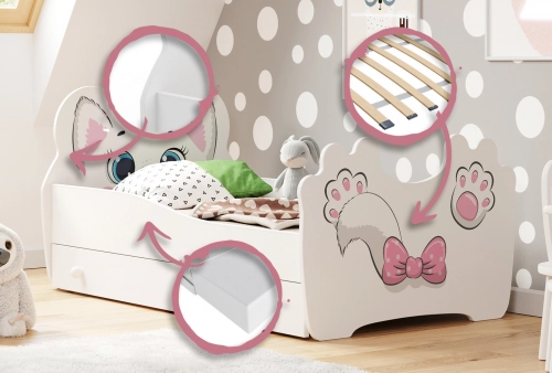 Bērnu gulta Pink Cat 140x70 ar atvilktni