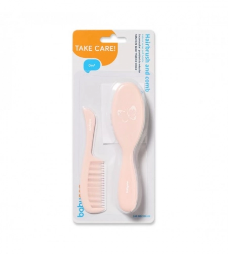 Детская расческа и щетка с натуральной щетиной NATURAL SUPER SOFT BabyOno pink 568/04