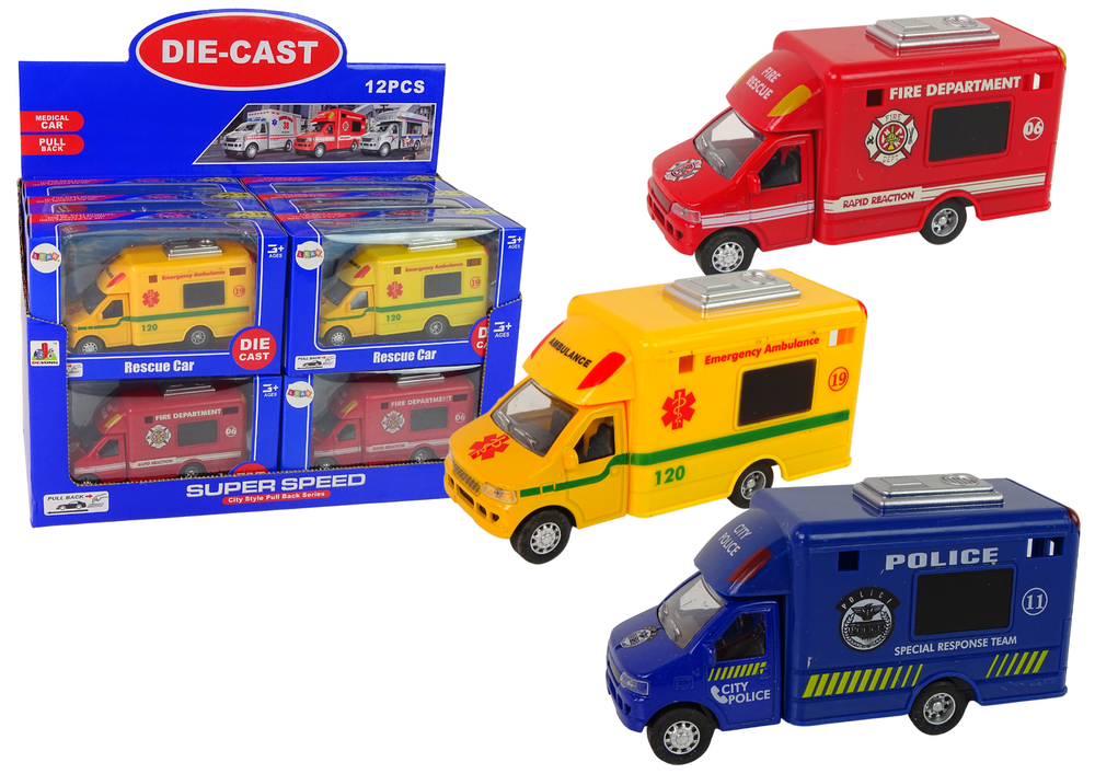 Car Rescue Vehicle Police Fire Brigade Friction Drive 3 Models