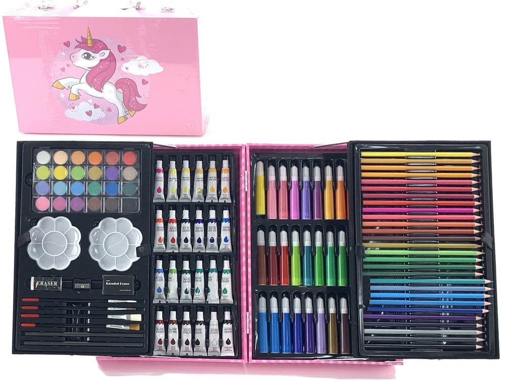 CHILDREN'S ART SET OF 145 PIECES  In a pink case with a unicorn