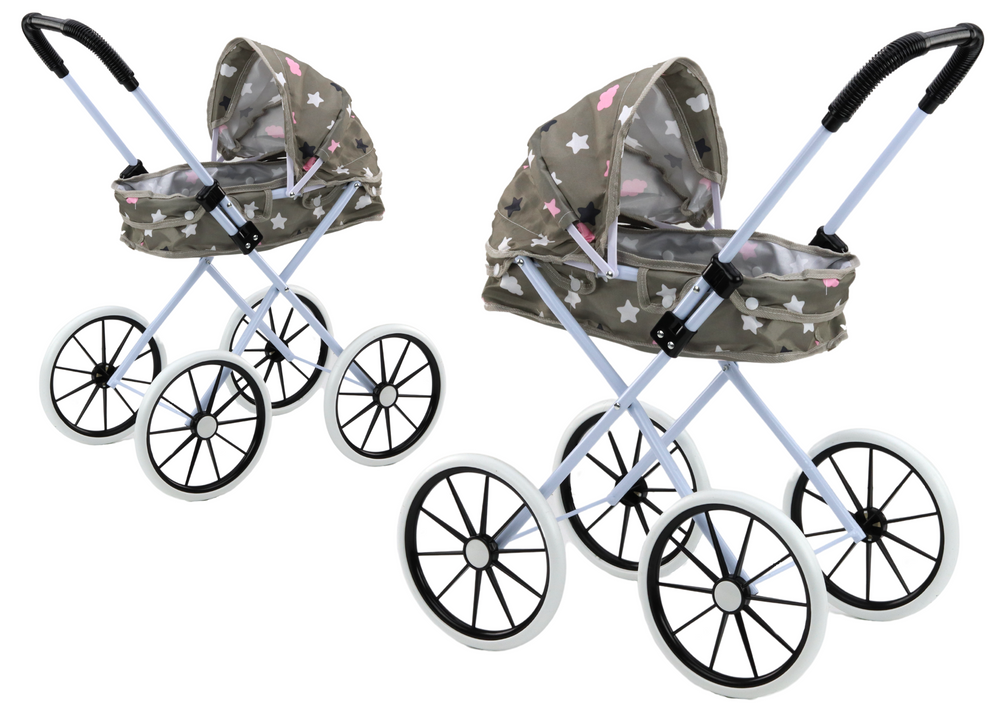 Doll's Pram Large Wheels Foldable Stars Clouds Gray 60cm
