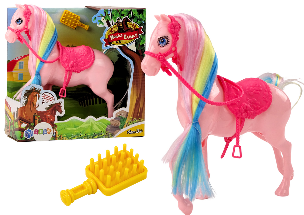 Figurine Horse With Colorful Mane and Pink Brush Saddle