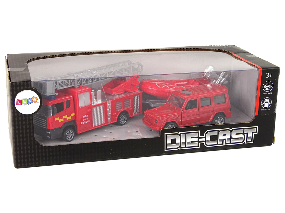 Fire brigade vehicle set pull motorboat Jeep Red