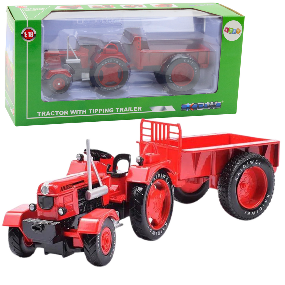 Metal Farm Tractor With Trailer Red 1:18