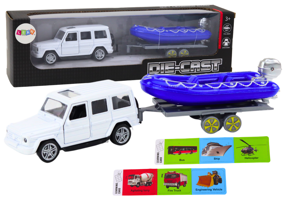 Off-road car with trailer and motorboat, white blue