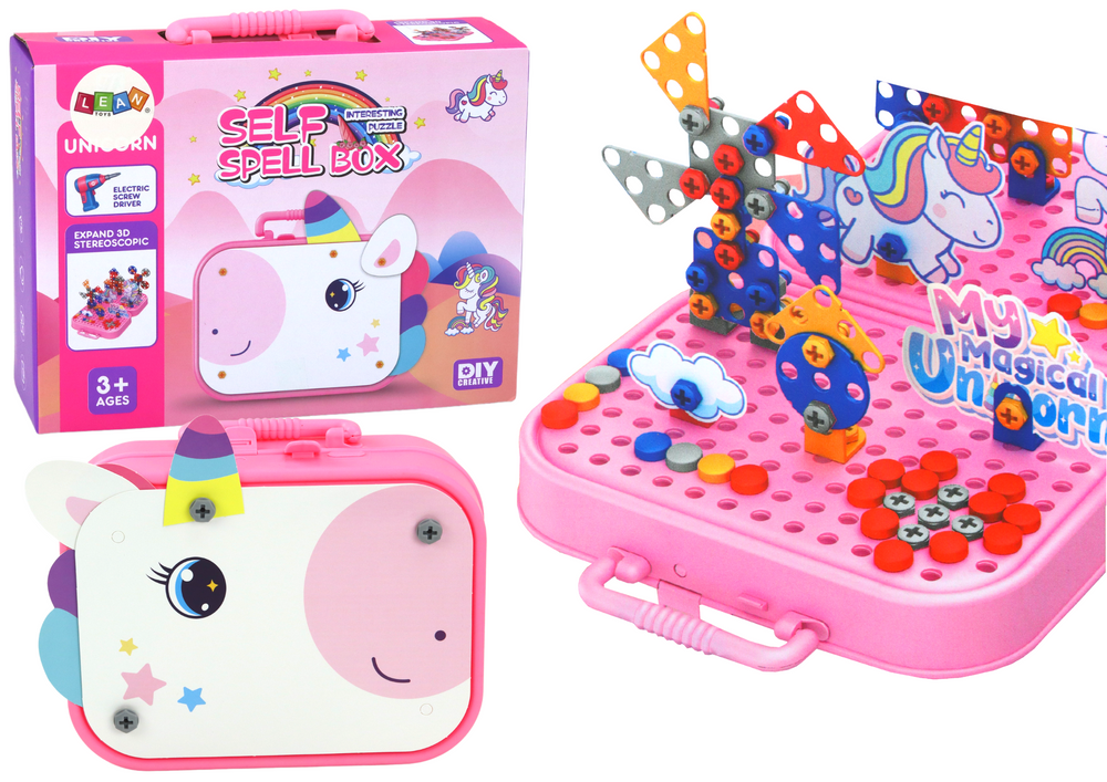 Puzzle Set DIY Suitcase Unicorn Bricks Pink 227 pieces.