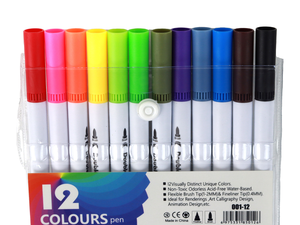 Set of 12 double-sided markers in different colors in an organizer