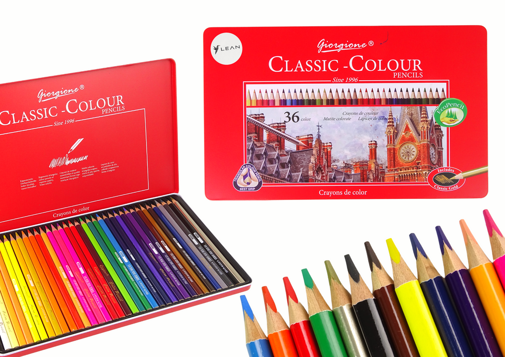 Set of 36 Art Crayons Metal Container