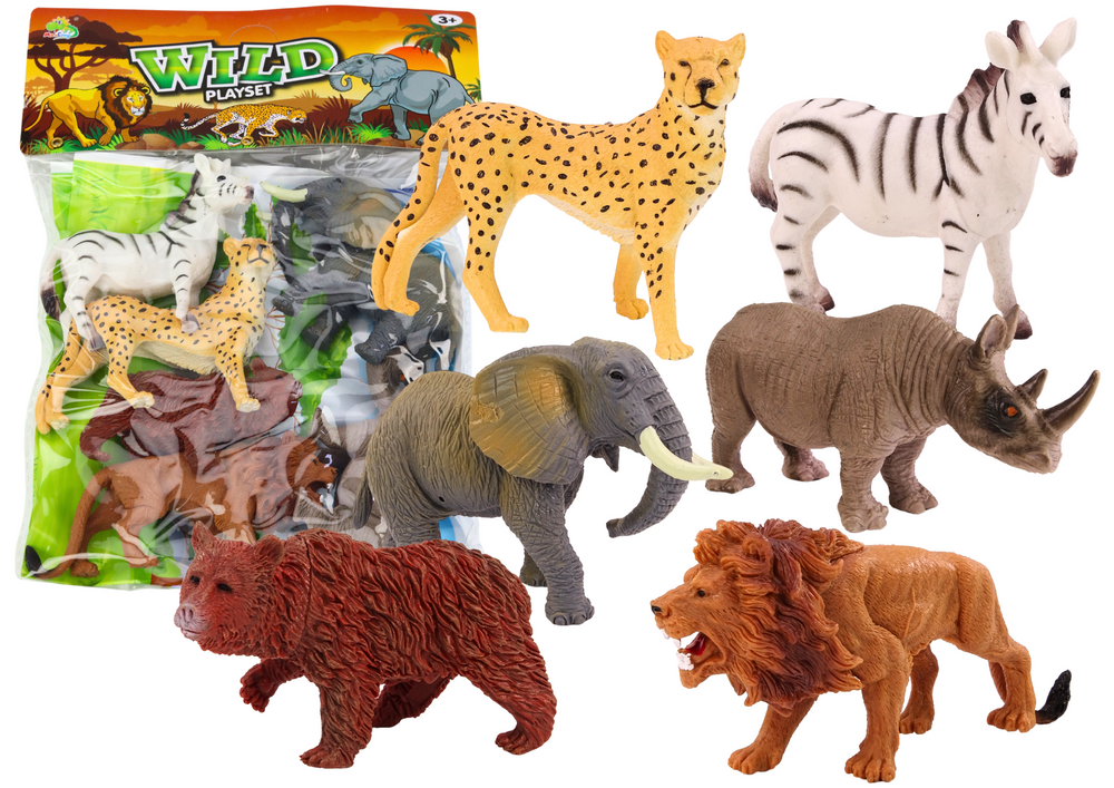 Set of 6 Wild Animal Figurines, Elephant, Lion, Rhinoceros