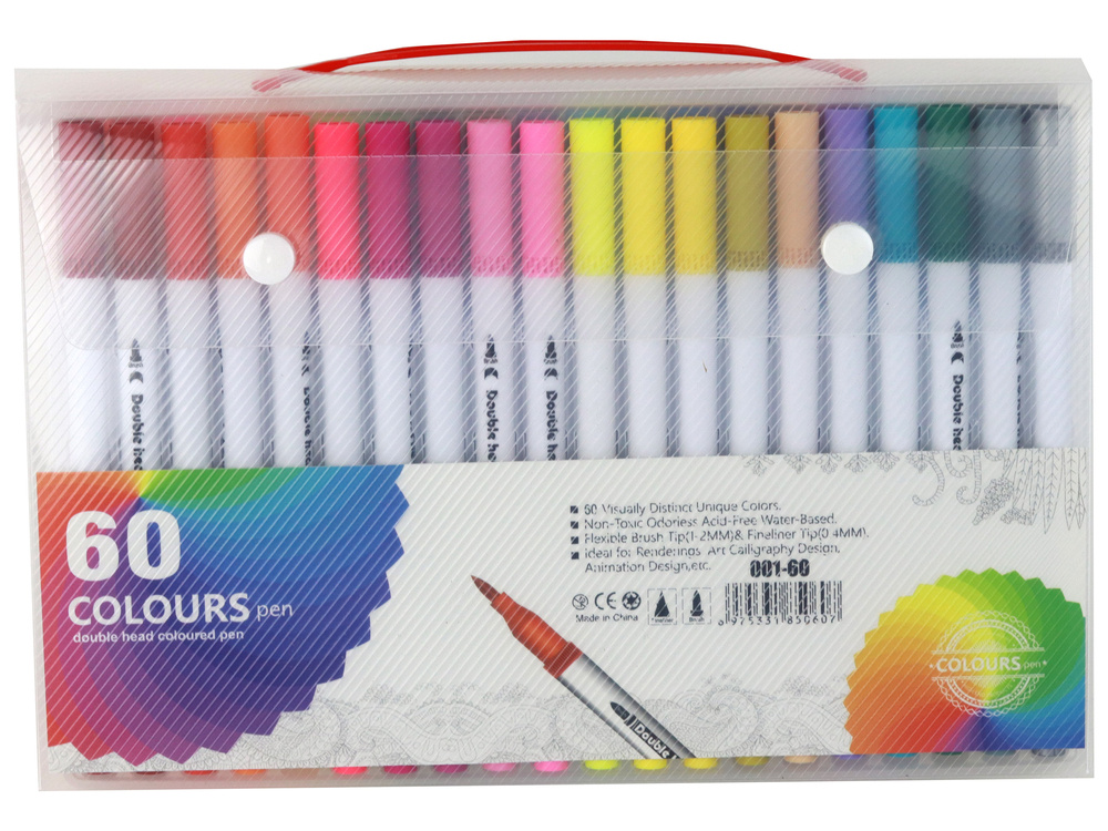 Set of 60 colored marker pens in an organizer