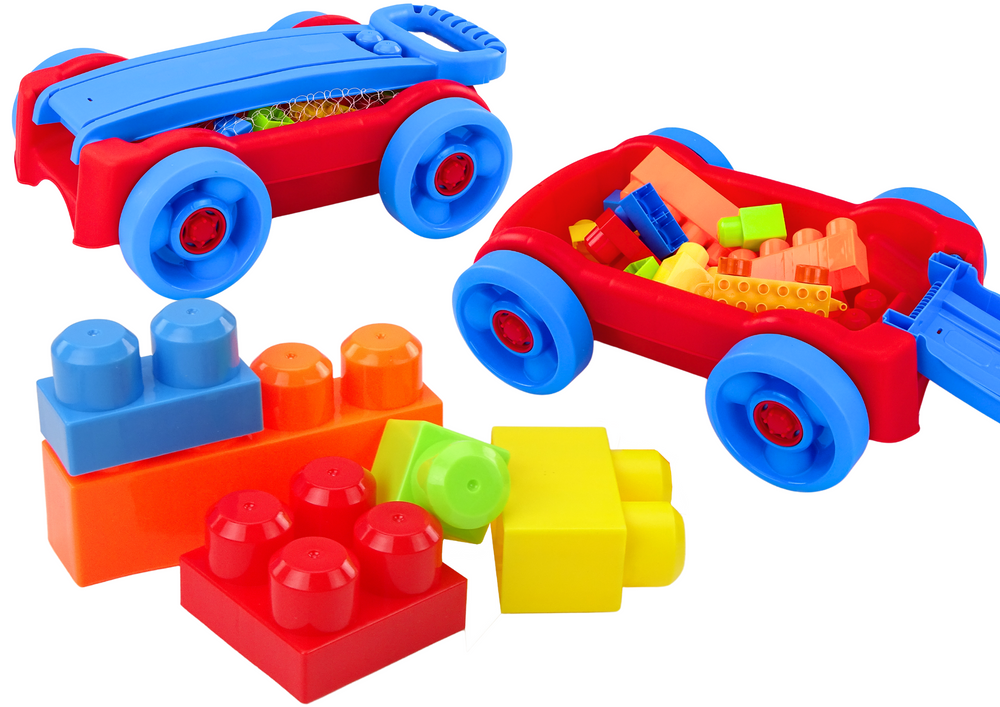 Set of blocks in a blue and red wheeled cart