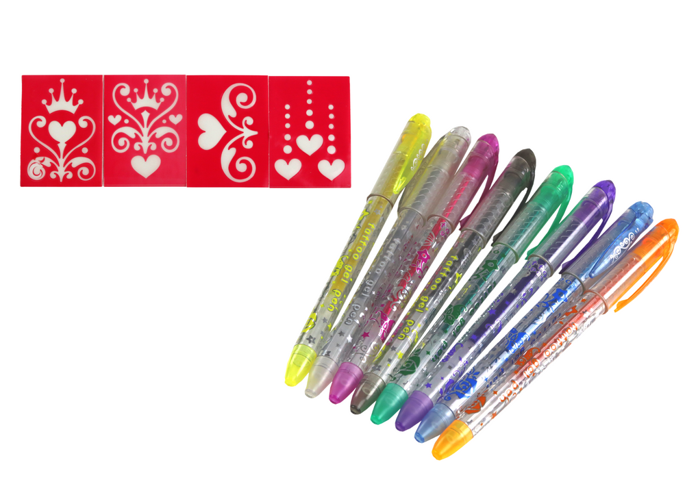 Set of glitter tattoo pens 8 pcs. Stencils 4 pcs.