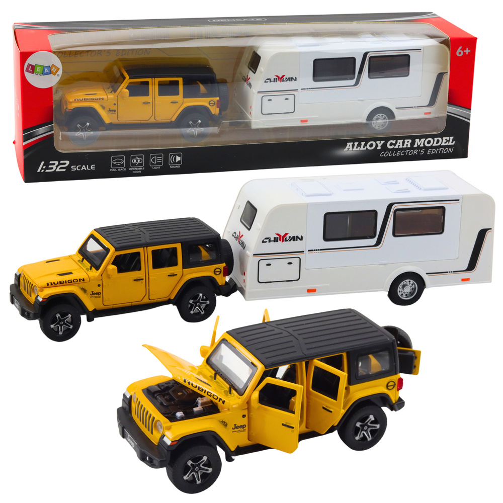 Set of Off-road Vehicles with Camper, Metal, Drive, Lights, Sounds, Yellow, 1:32