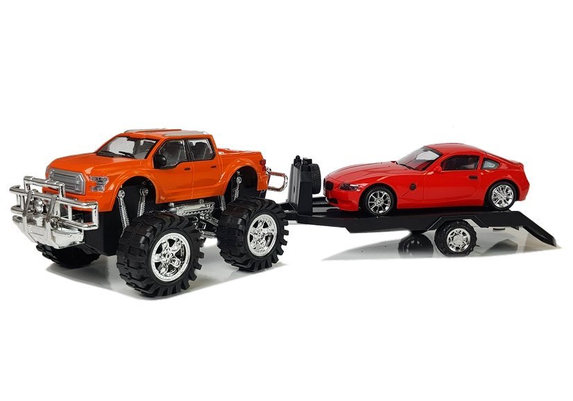 Set of Vehicles Orange Monster Truck Red BMW Caravan 58 cm