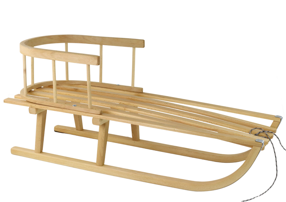 Wooden sled with a backrest and a string of sleds